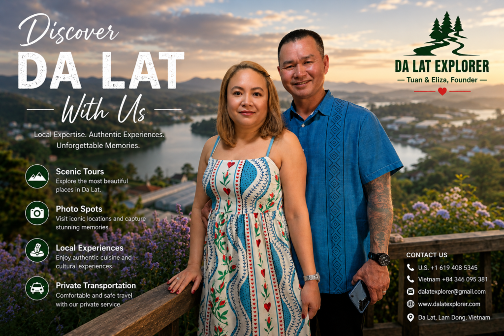 Tuan and Eliza, founders of Da Lat Explorer, overlooking Xuan Huong Lake in Da Lat, Vietnam.