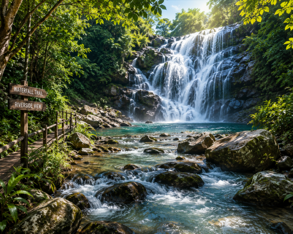 Datanla Waterfall surrounded by forest and flowing stream.