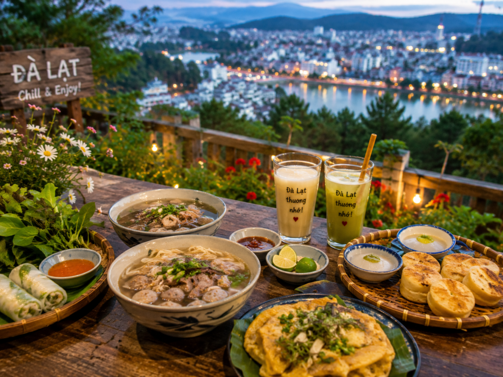 Local Vietnamese food and drinks overlooking Da Lat, Vietnam