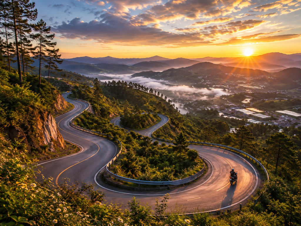 Scenic mountain road winding through the Da Lat highlands, Vietnam