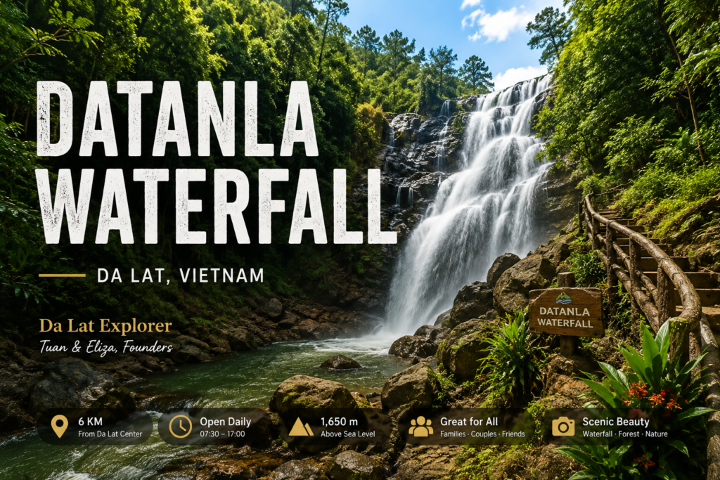 Datanla Waterfall surrounded by lush forest and flowing stream