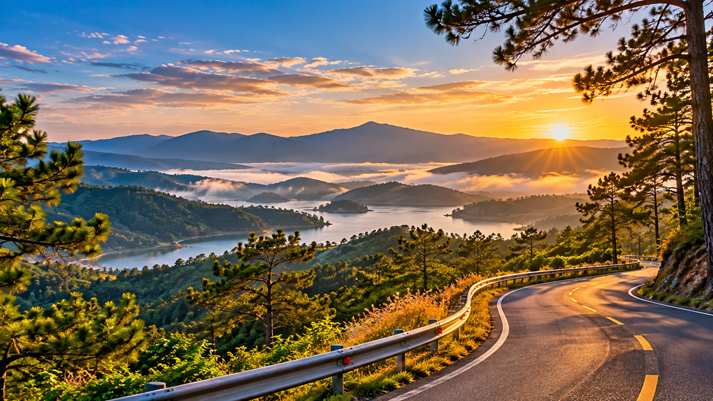 Scenic mountain road through Da Lat pine forests with panoramic valley views