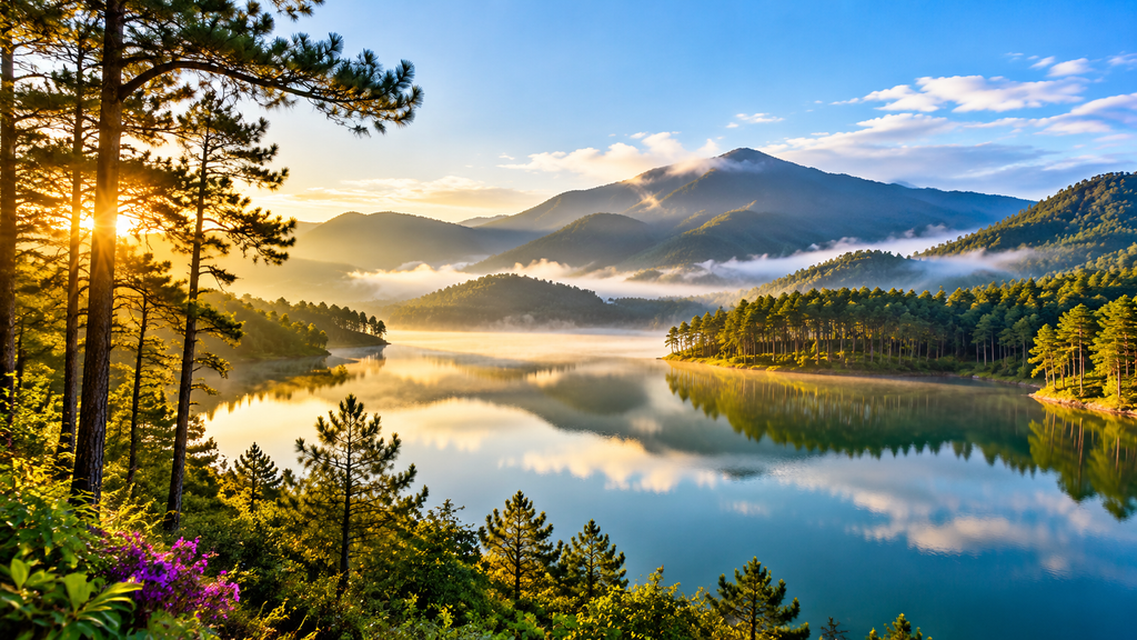 Tuyen Lam Lake Da Lat surrounded by pine forest with mountain reflection.