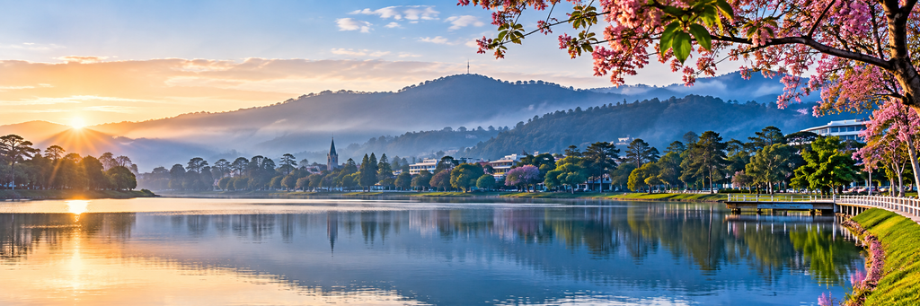 Xuan Huong Lake in Da Lat at sunset, surrounded by pine trees, flowers, mountains, and the lakeside promenade.