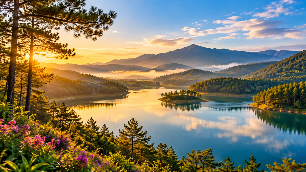 Da Thien Lake Da Lat surrounded by pine forests and mountain scenery at sunrise