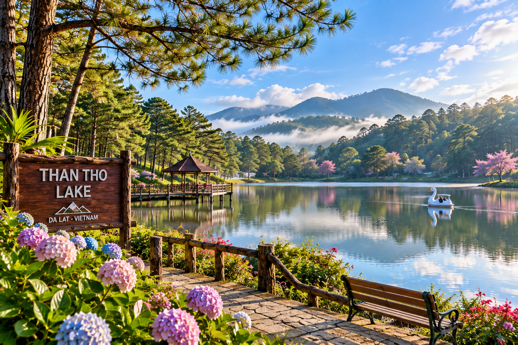 Than Tho Lake surrounded by pine trees in Da Lat