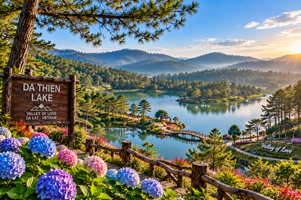 Da Thien Lake surrounded by pine hills in Da Lat