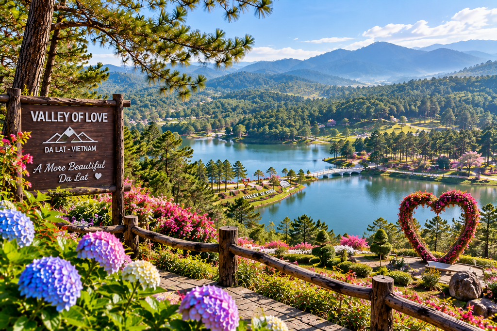 Valley of Love with pine hills and lake in Da Lat
