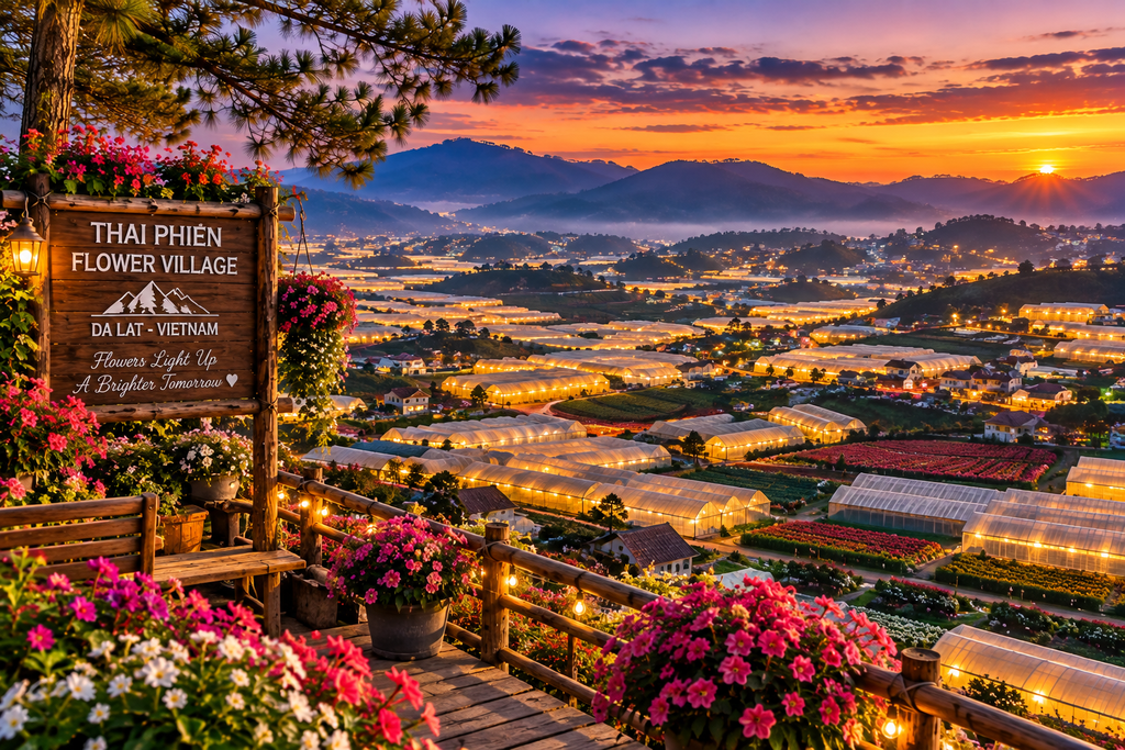 Thai Phien Flower Village at night in Da Lat Vietnam