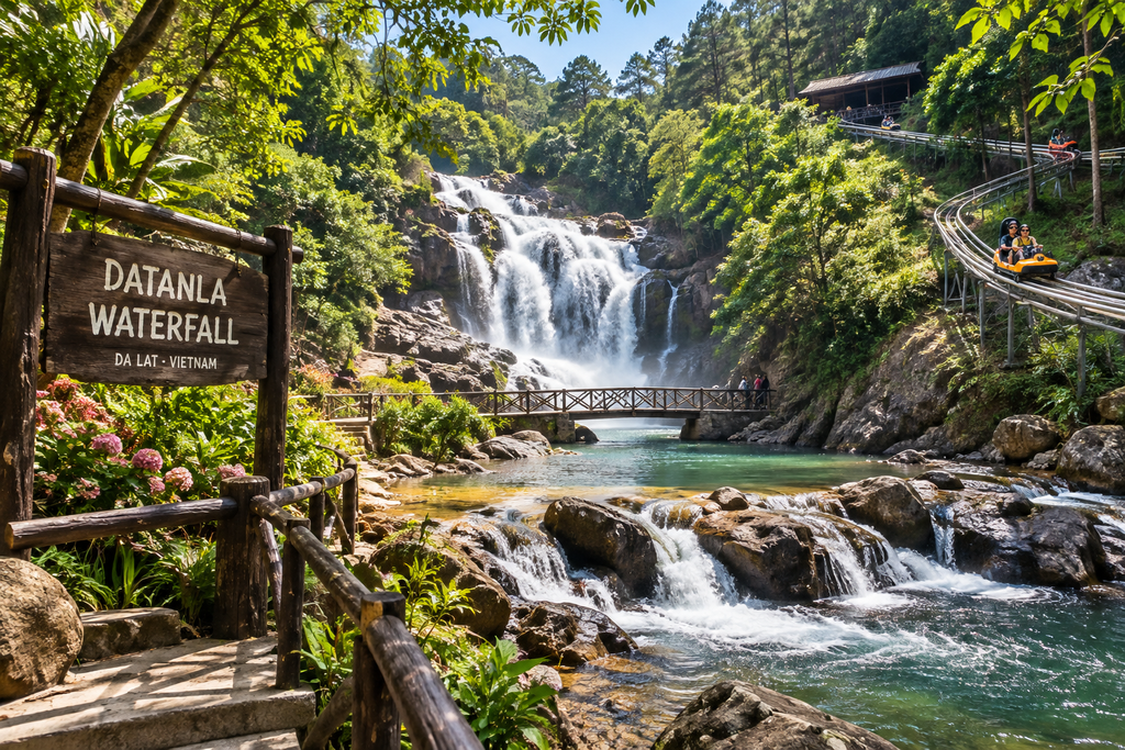 Elephant Waterfall surrounded by forest in Lam Dong