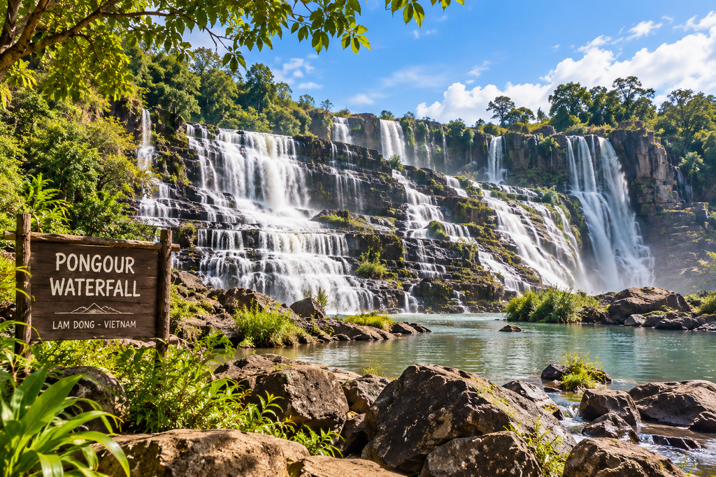 Pongour Waterfall, Da Lat, Vietnam, cascading over seven levels surrounded by forest