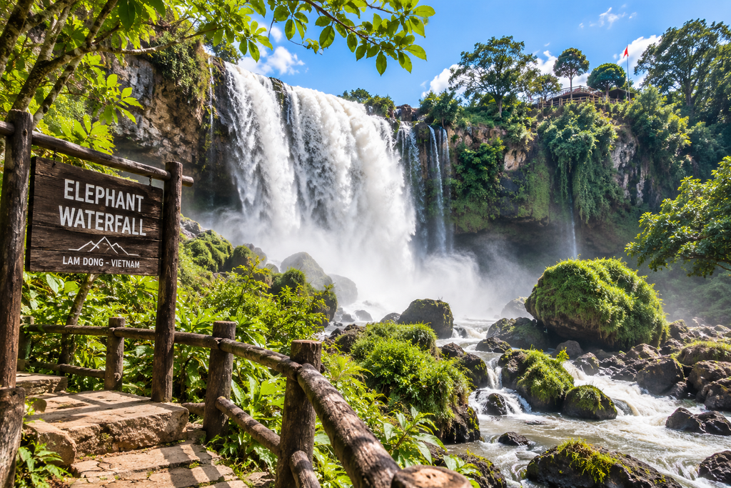 Elephant Waterfall, Da Lat, Vietnam, surrounded by lush forest and rugged rock formations