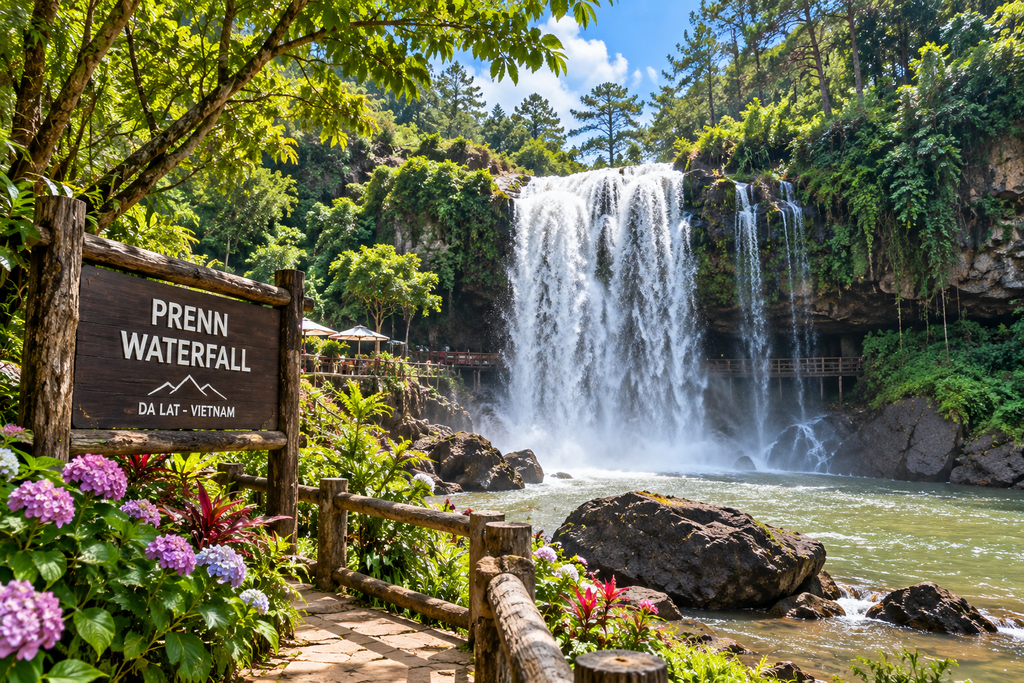 Prenn Waterfall surrounded by pine forest and lush greenery near Da Lat, Vietnam