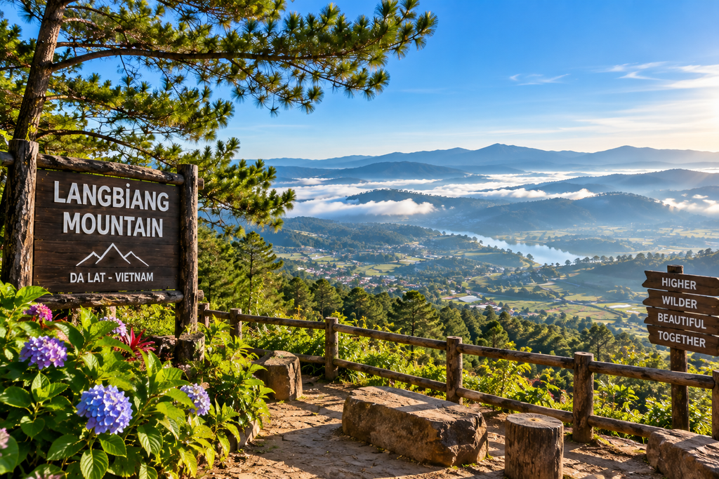 Langbiang Mountain surrounded by pine forests and highland scenery near Da Lat, Vietnam
