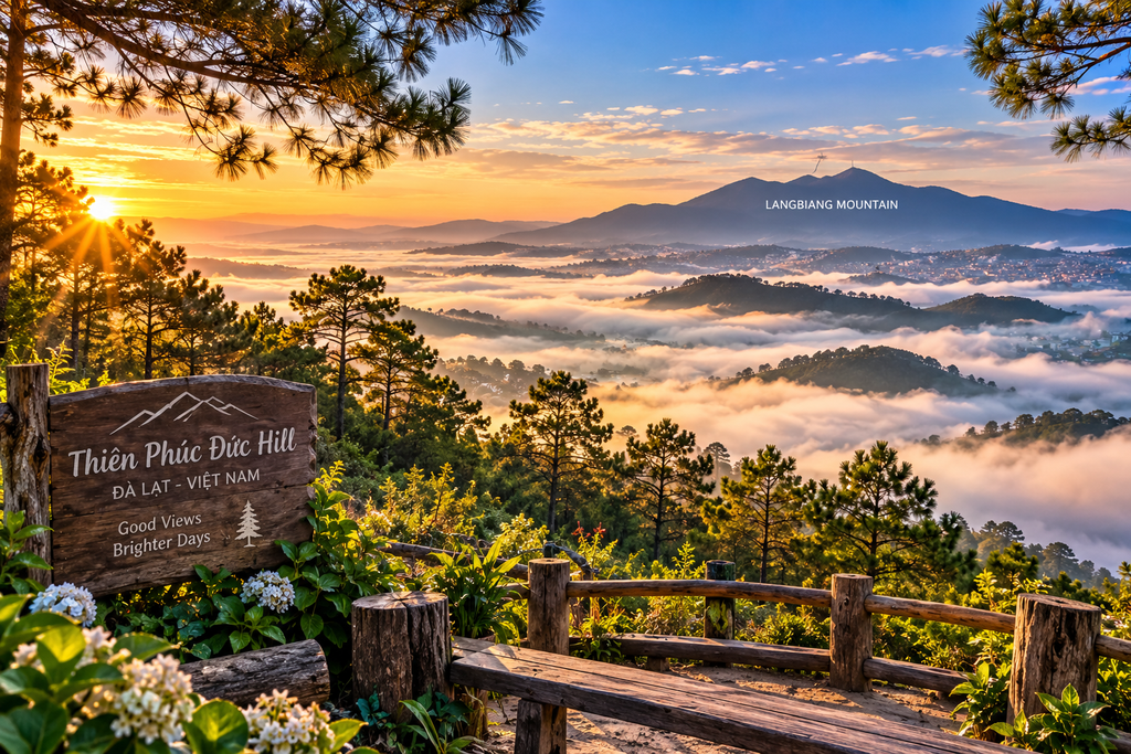 Thien Phuc Duc Hill sunrise and Langbiang Mountain near Da Lat