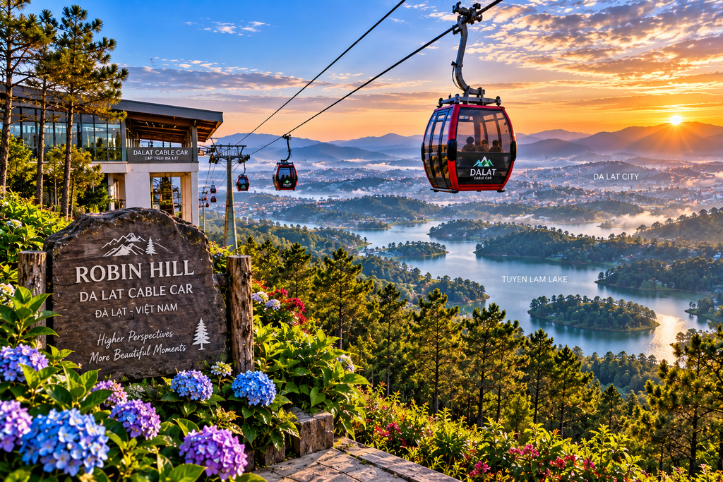 Robin Hill Da Lat Cable Car overlooking pine forests and mountains