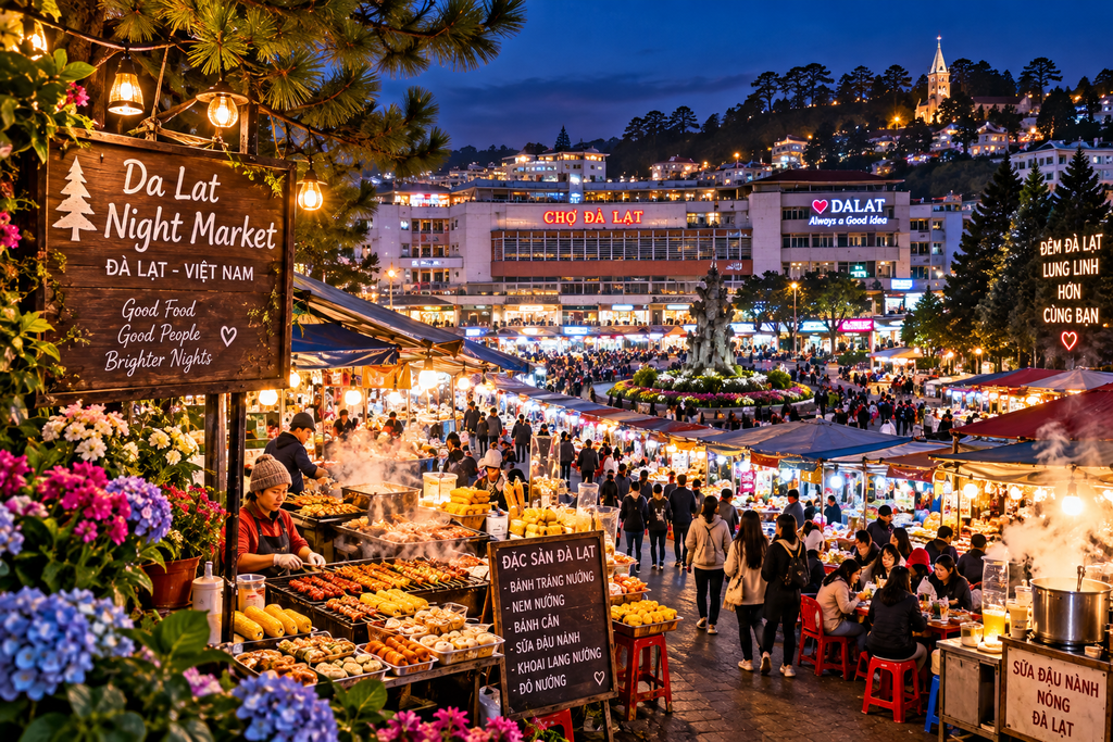 Da Lat Night Market street food and evening atmosphere Vietnam