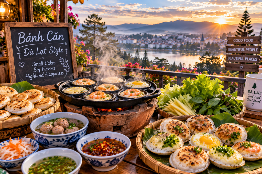 Banh can Vietnamese rice cakes with egg and dipping sauce in Da Lat