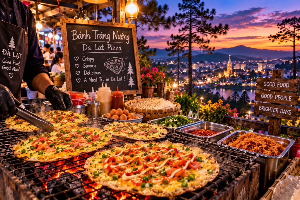 Banh trang nuong grilled rice paper with egg and toppings in Da Lat