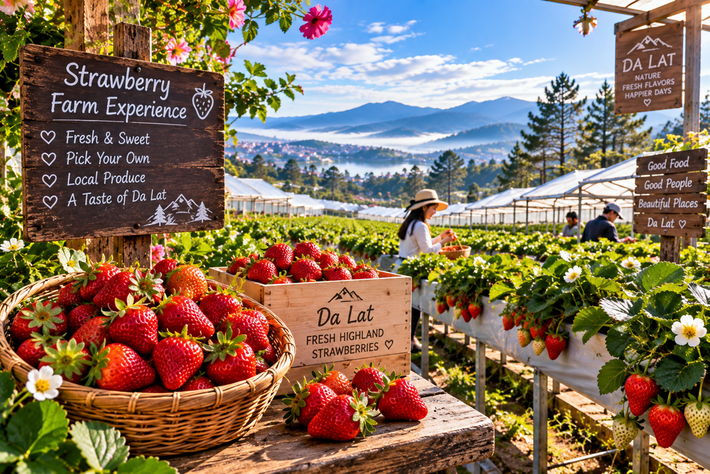 Da Lat strawberry farm with fresh strawberries and highland scenery