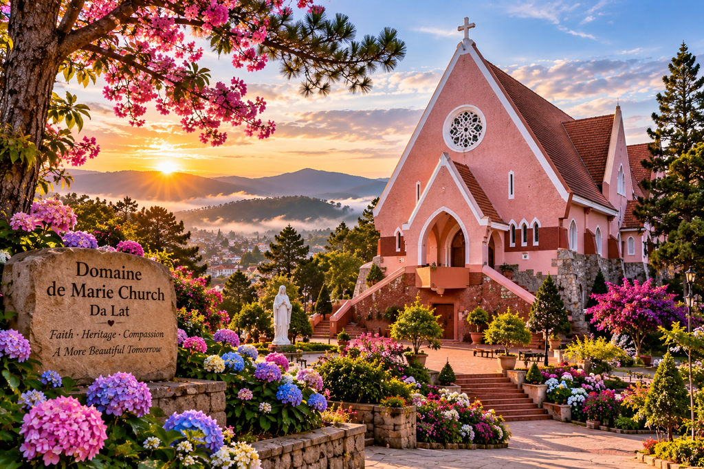 Domaine de Marie Church pink architecture in Da Lat Vietnam