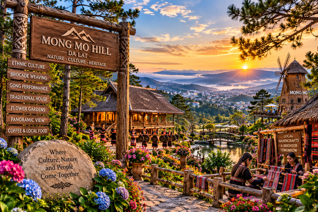 Mong Mo Hill ethnic cultural experience with brocade weaving and gong performance in Da Lat