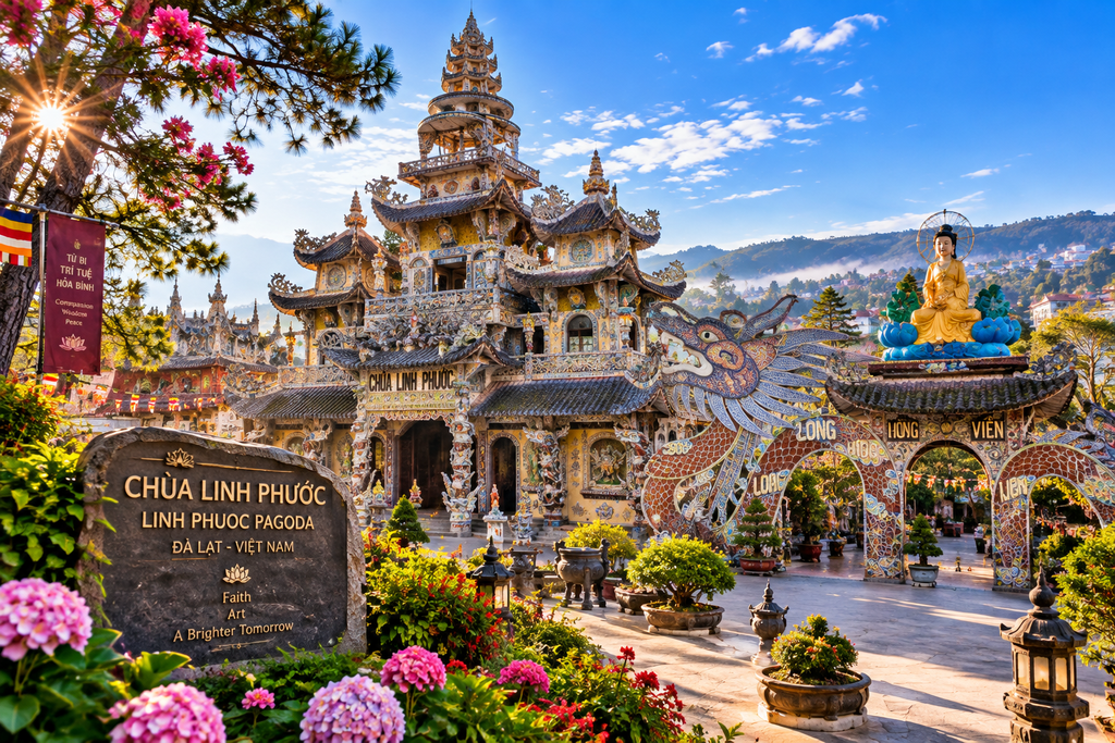 Linh Phuoc Pagoda mosaic architecture in Da Lat Vietnam
