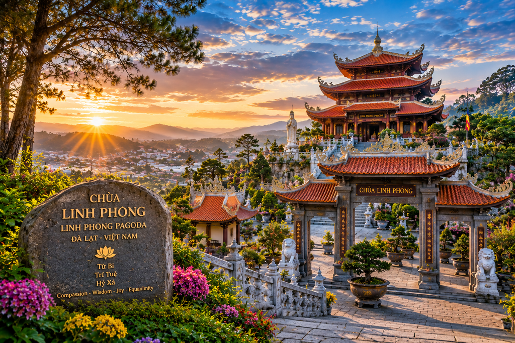 Linh Phong Pagoda on a hill in Da Lat Vietnam