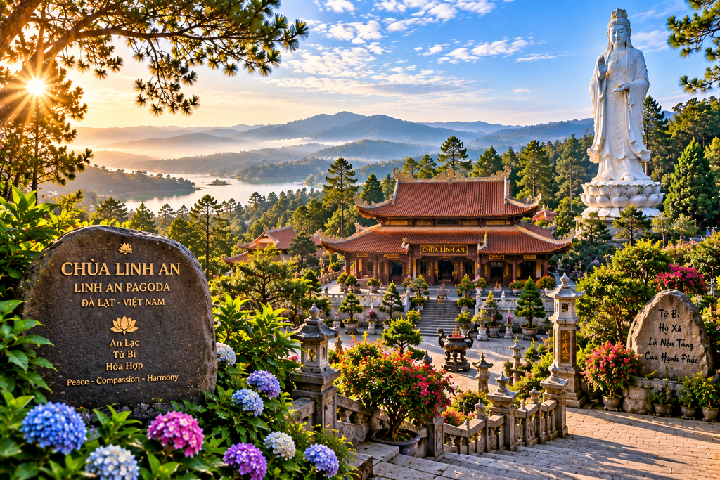 Linh An Pagoda surrounded by forest near Da Lat Vietnam