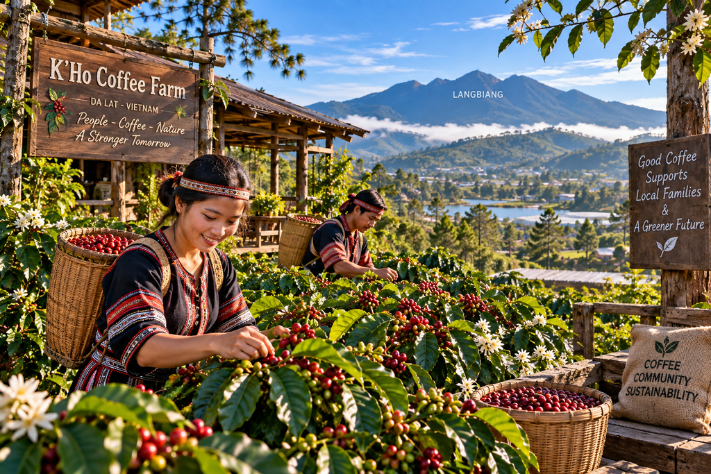 K’Ho Coffee Farm with local coffee growers and Langbiang Mountain near Da Lat