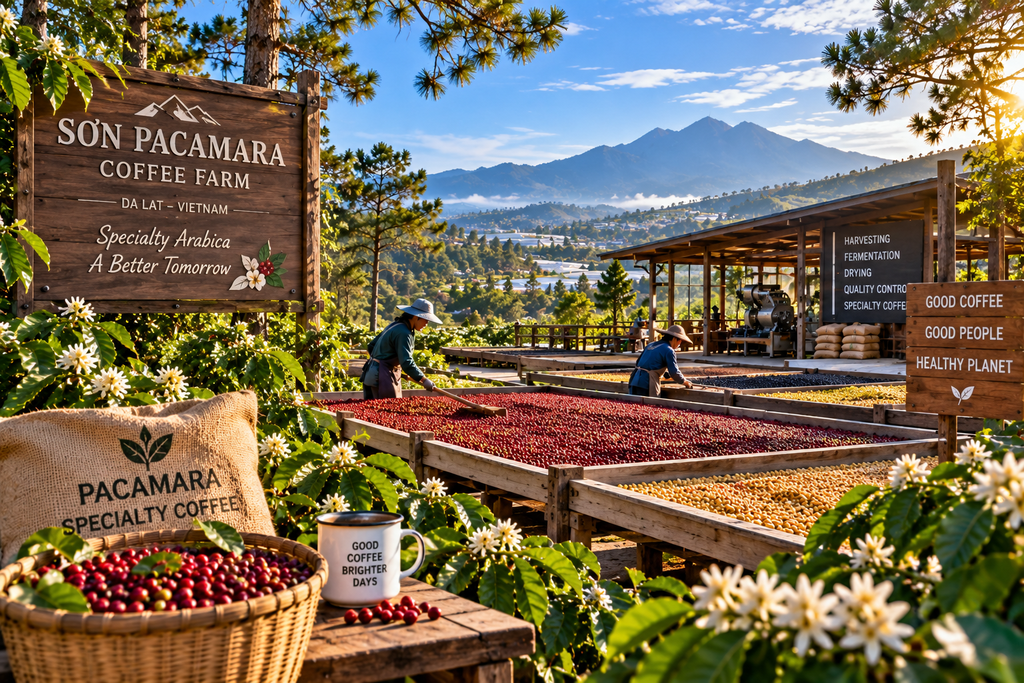 Sơn Pacamara Coffee Farm with specialty coffee drying beds and mountain views near Da Lat