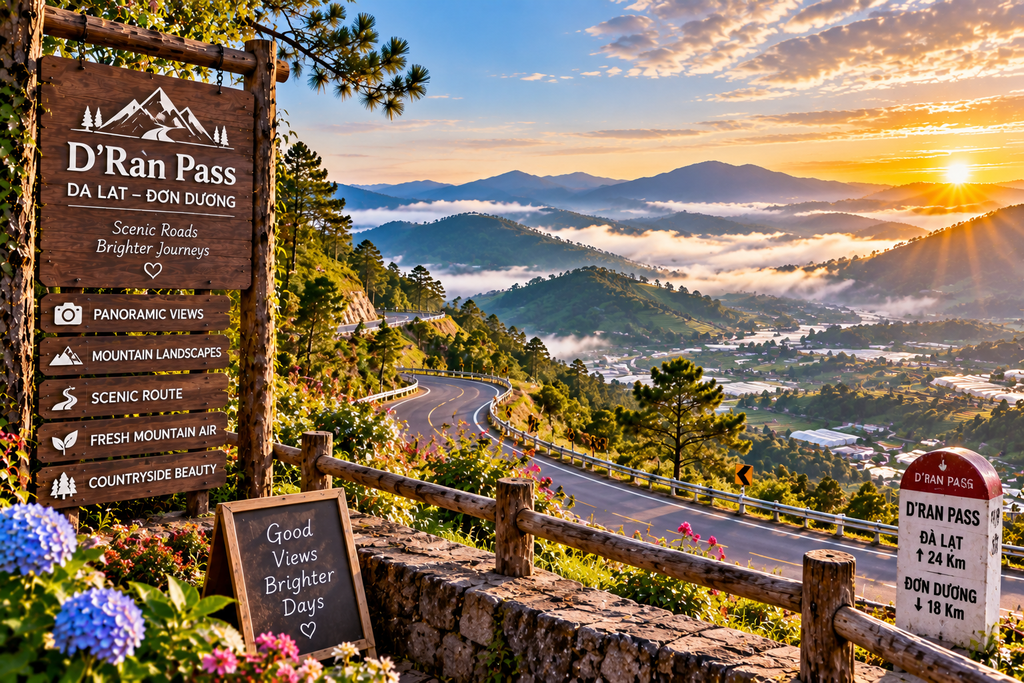 D Ran Pass winding through mountain valleys and farmland near Da Lat Vietnam