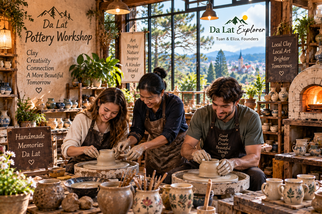 Da Lat pottery workshop with visitors creating handmade ceramics