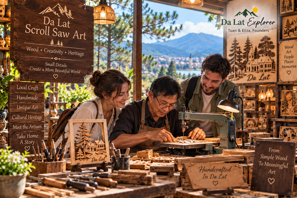 Da Lat traditional scroll saw wood art handcrafted by artisan in Vietnam