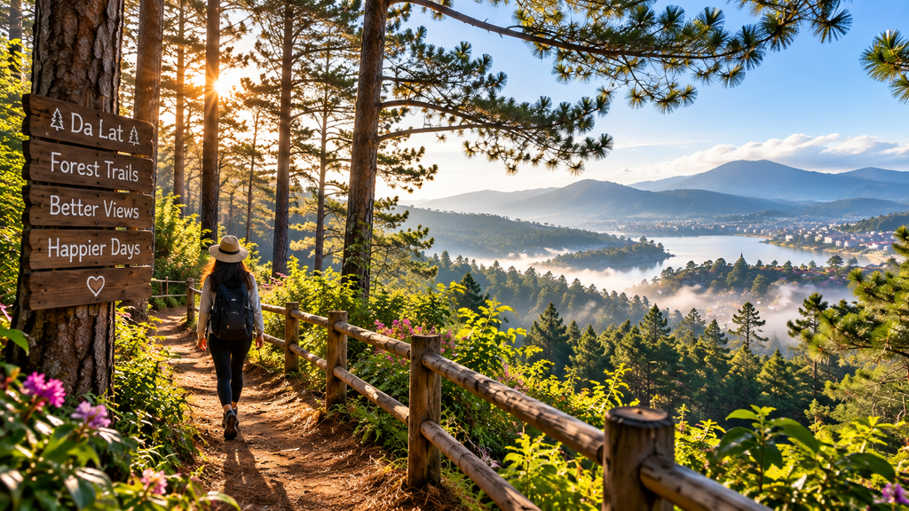 Da Lat pine forest trail with mountain and lake views in Vietnam
