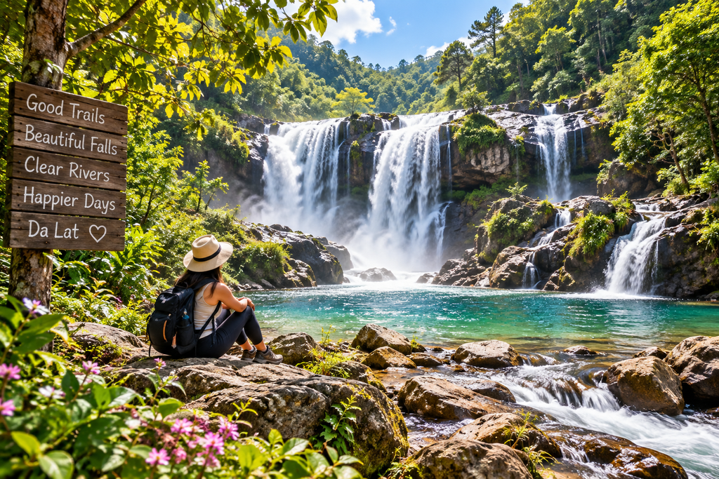 Da Lat waterfall and riverside surrounded by lush forest and mountains