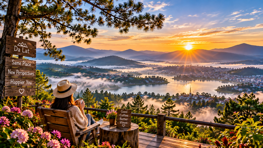 Da Lat sunrise viewpoint overlooking misty mountains and lake