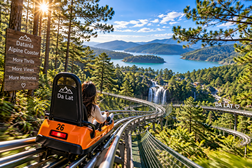 Datanla New Alpine Coaster winding through pine forest and waterfalls in Da Lat