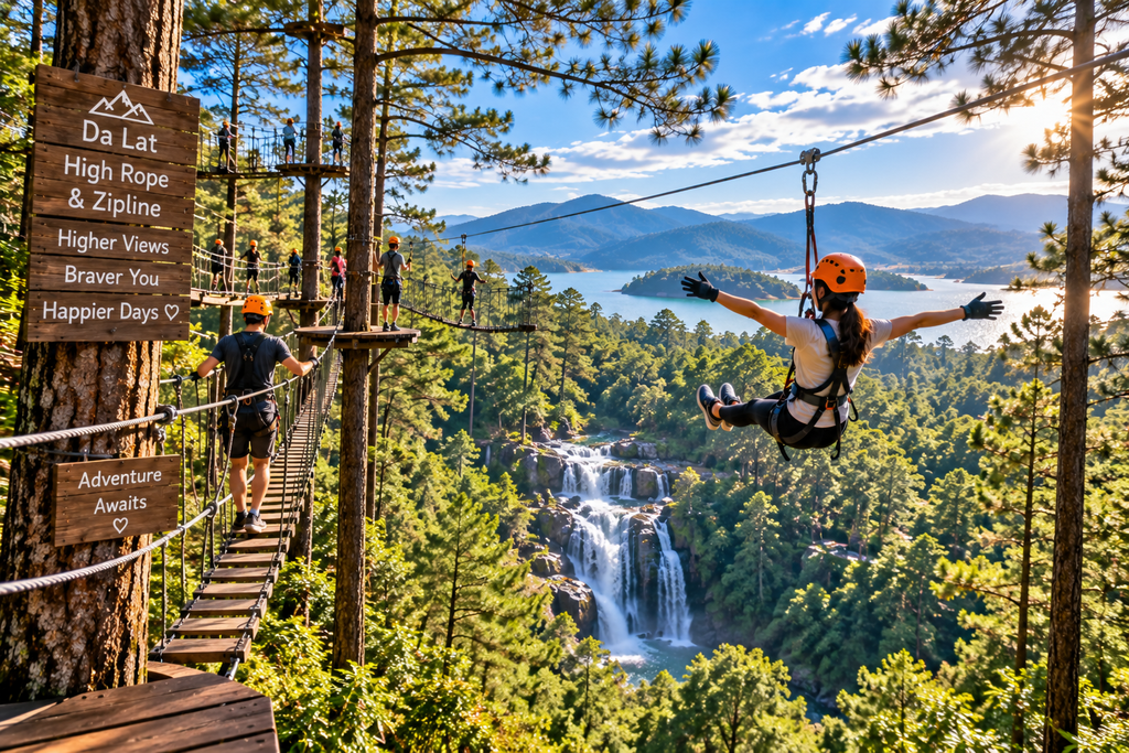 Datanla high rope course and zipline through pine forest in Da Lat