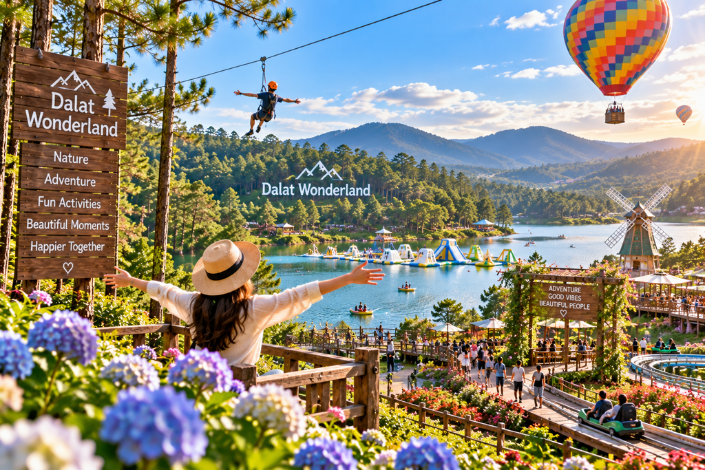 Dalat Wonderland outdoor recreation area surrounded by pine forests and mountains