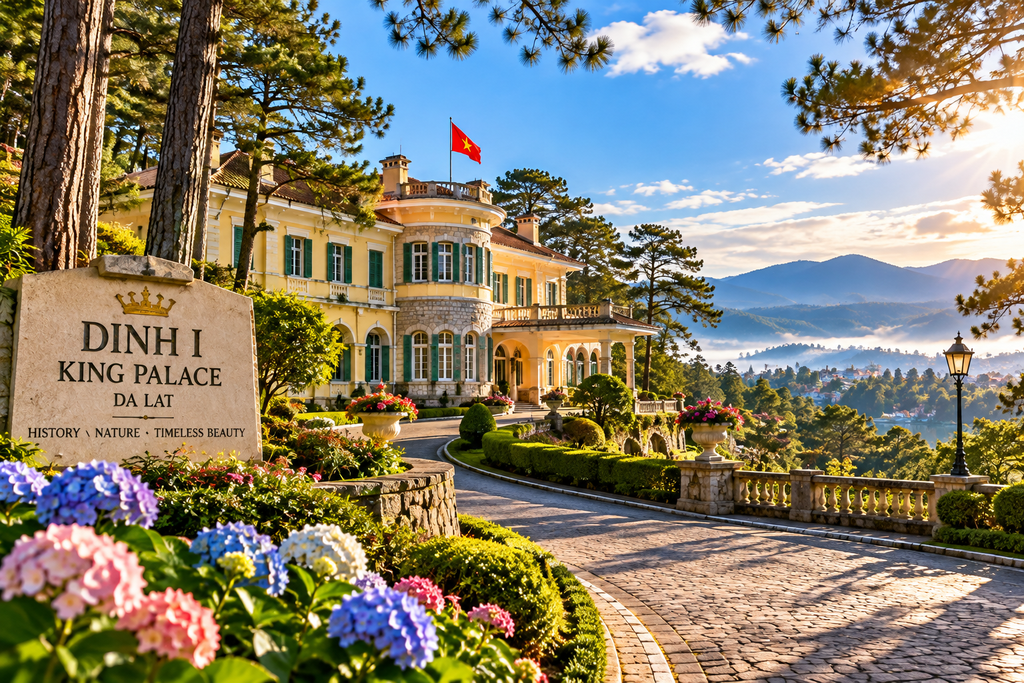 Dinh I King Palace historic estate surrounded by pine forest in Da Lat Vietnam