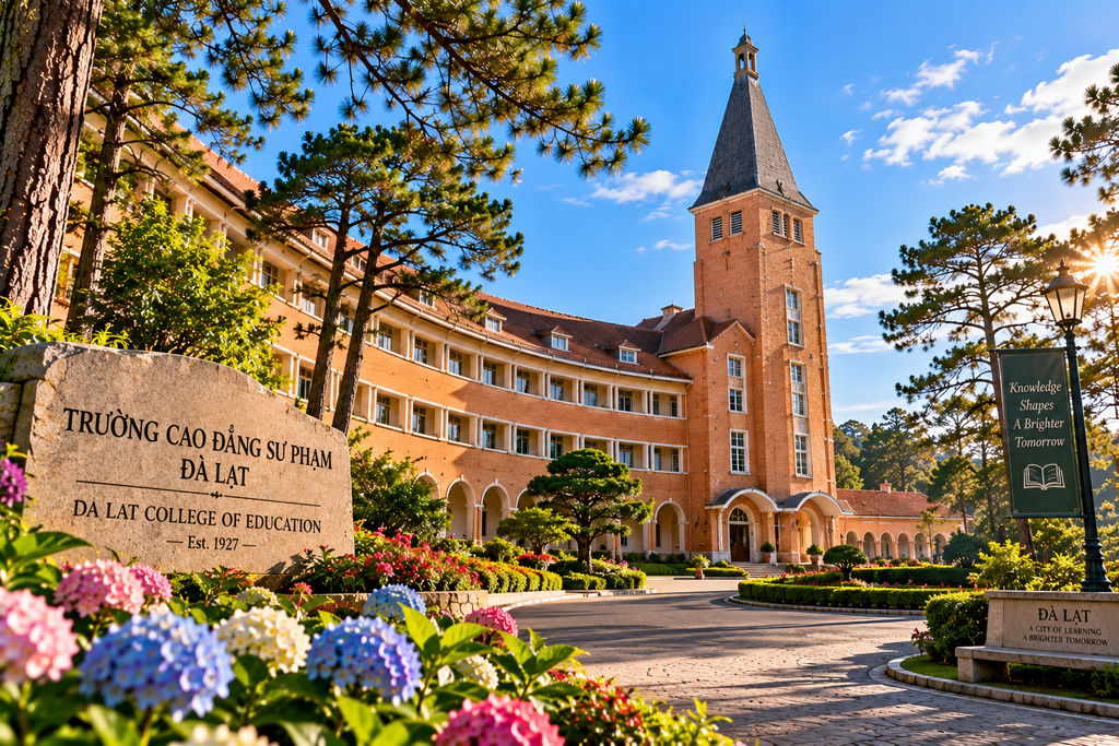 Da Lat College of Education historic architecture and curved tower Vietnam