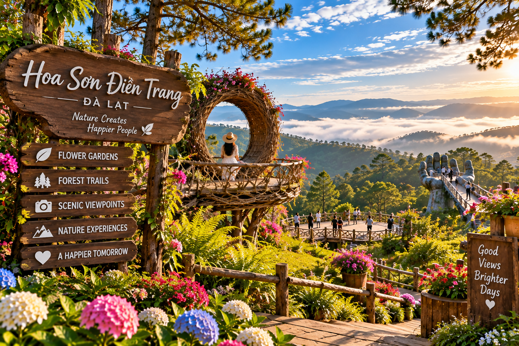 Hoa Son Dien Trang flower gardens and forest landscape near Da Lat Vietnam