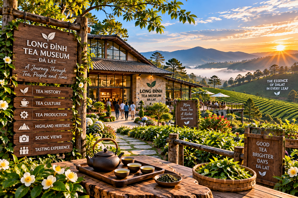 Long Dinh Tea Museum surrounded by tea plantations near Da Lat Vietnam